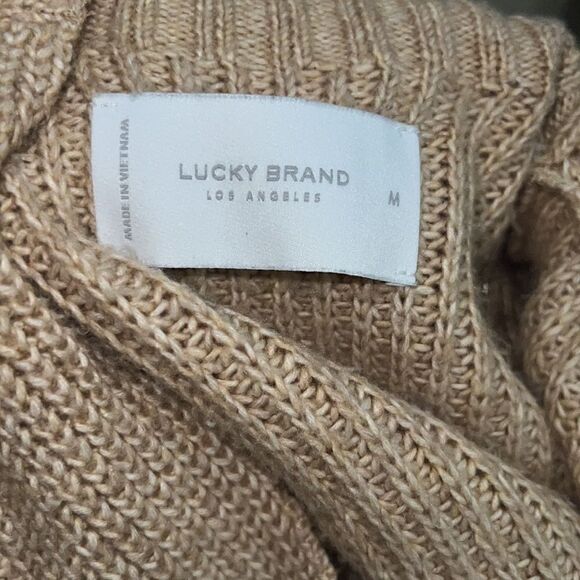 Lucky Brand V-Neck Pullover Sweater Tan Knit Neutral Chunky Long sz M Medium - Picture 5 of 8
